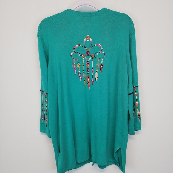 Bob Mackie Wearable Art Cardigan Sweater Size XL Green Dreamcatcher Embroidered - Picture 16 of 16